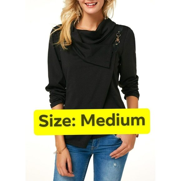 Leather Buckle Black Cowl Neck Top with long sleeves size Medium - Picture 6 of 6
